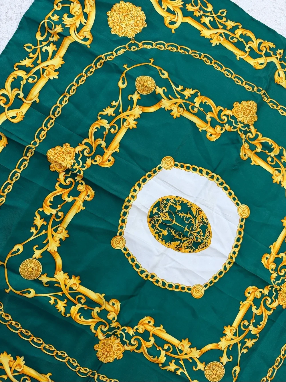Fabergé 100% Silk Scarf 32” Green Gold Baroque Chain Print Hand Sewn